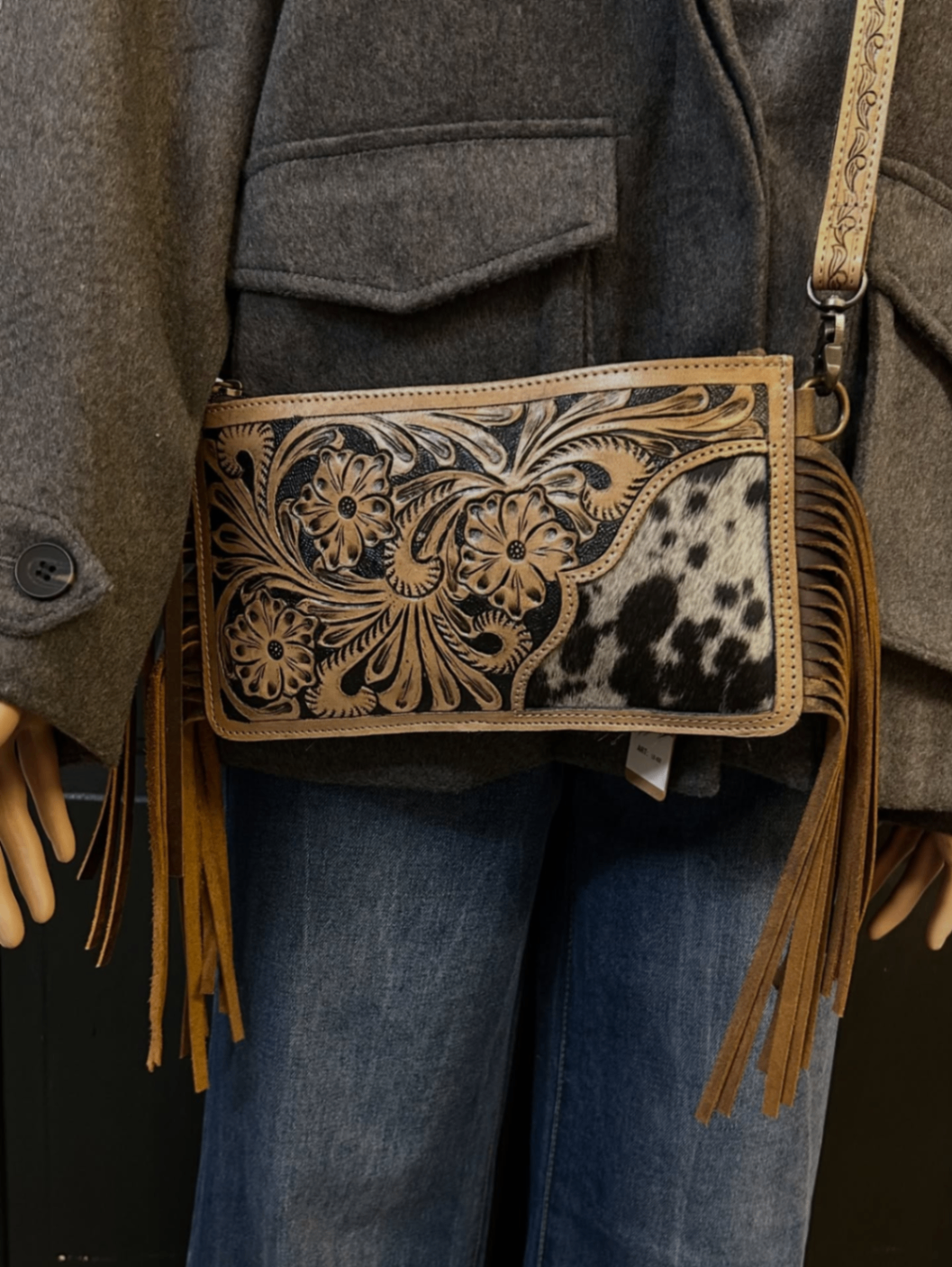 Tooled Cowhide Fringe Crossbody