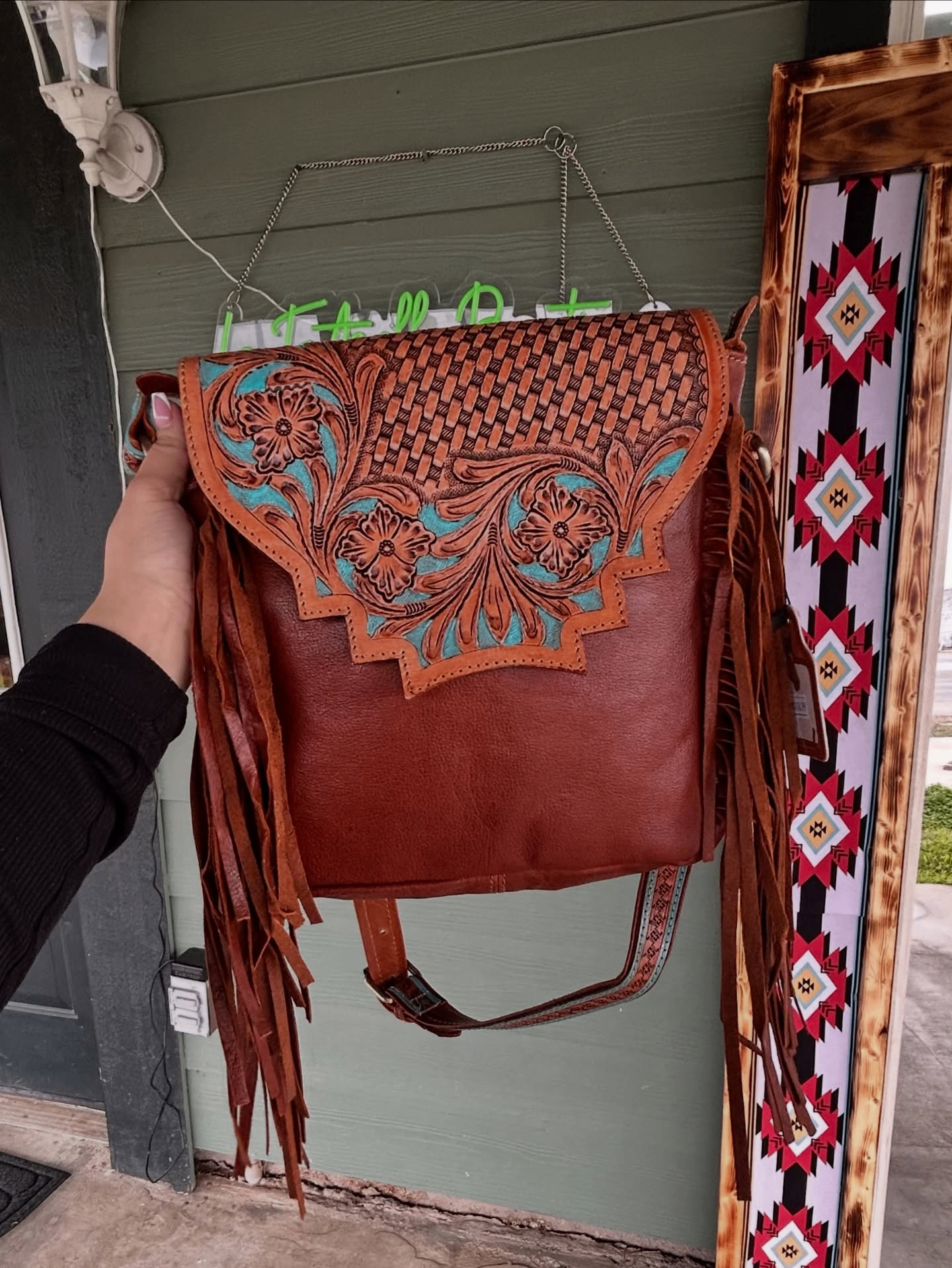 Tooled Turquoise Fringe Crossbody
