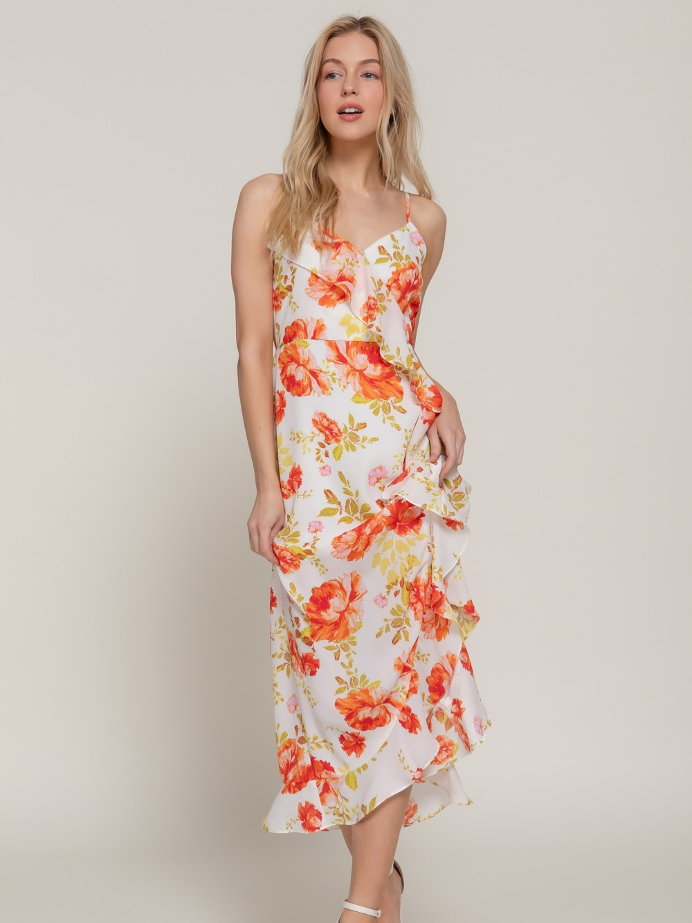 Coral Bloom Ruffle Midi