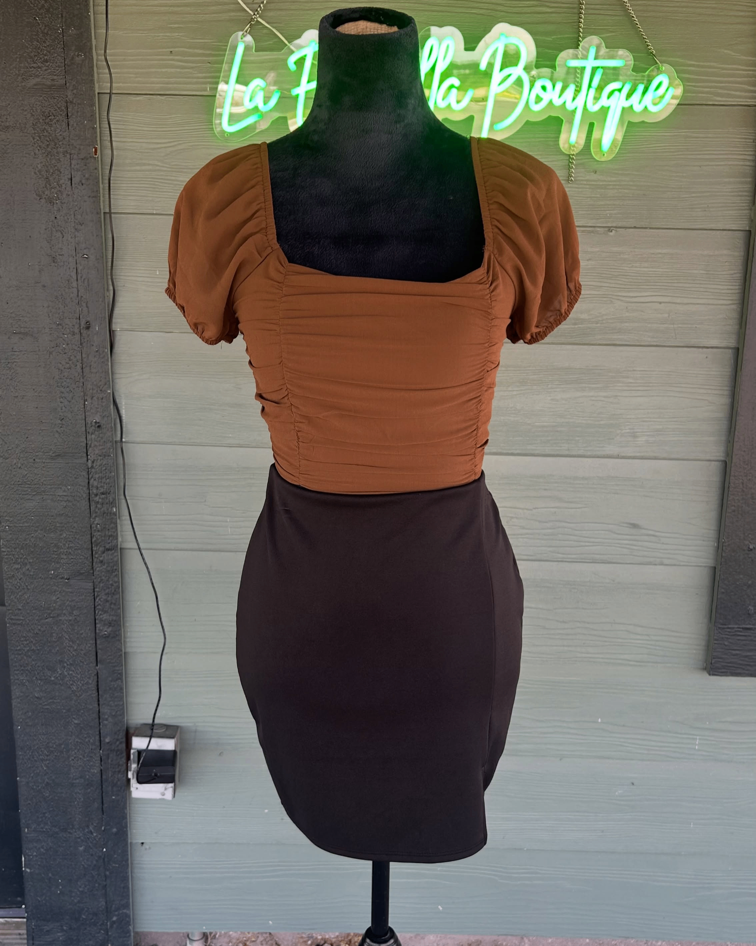 Cocoa Ruched Top + Black Mini