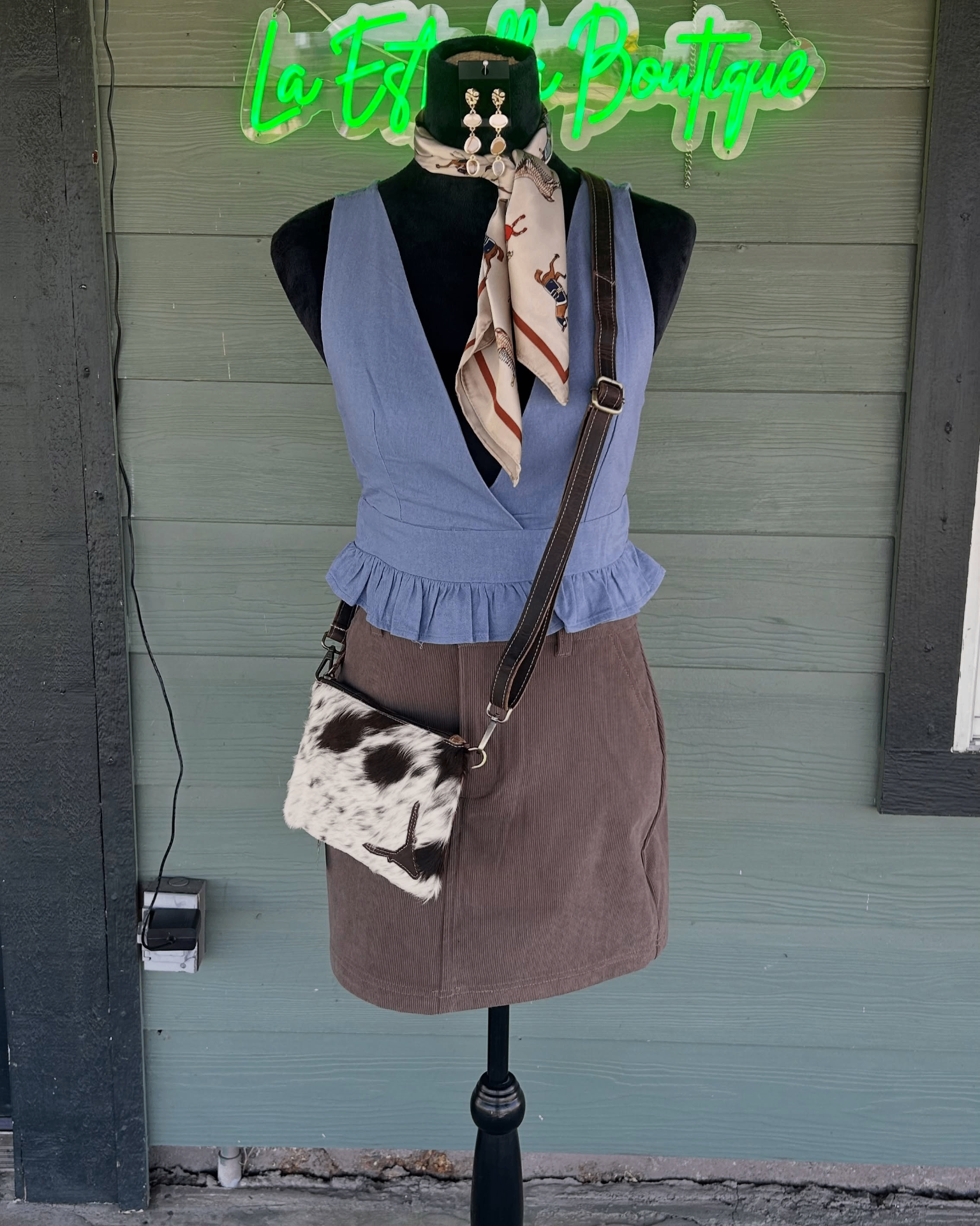 Chambray Peplum + Cowhide Bag