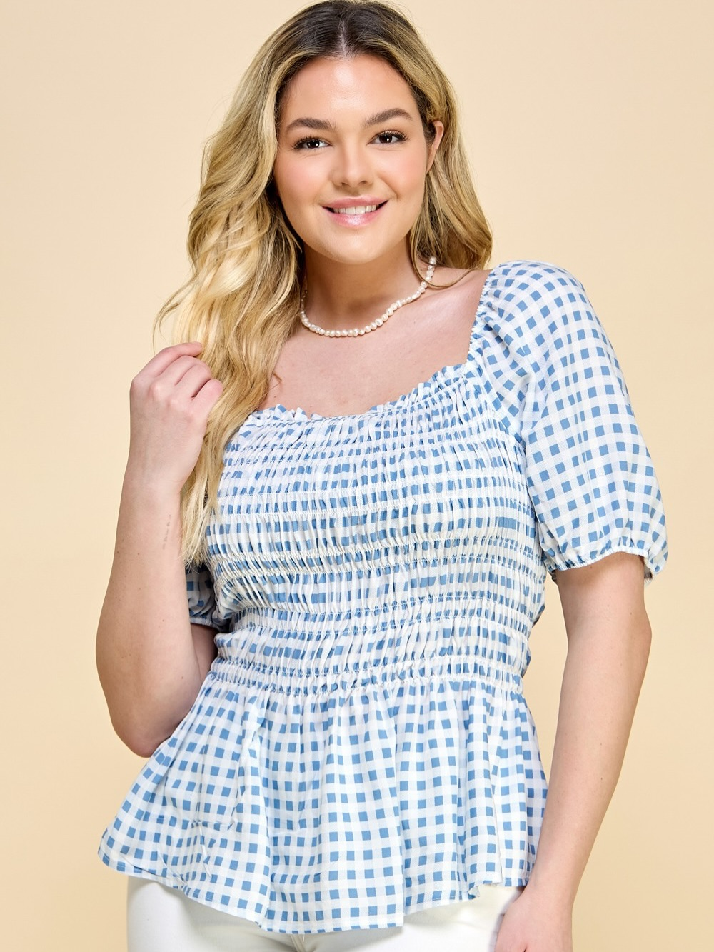 Sky Gingham Smocked Top