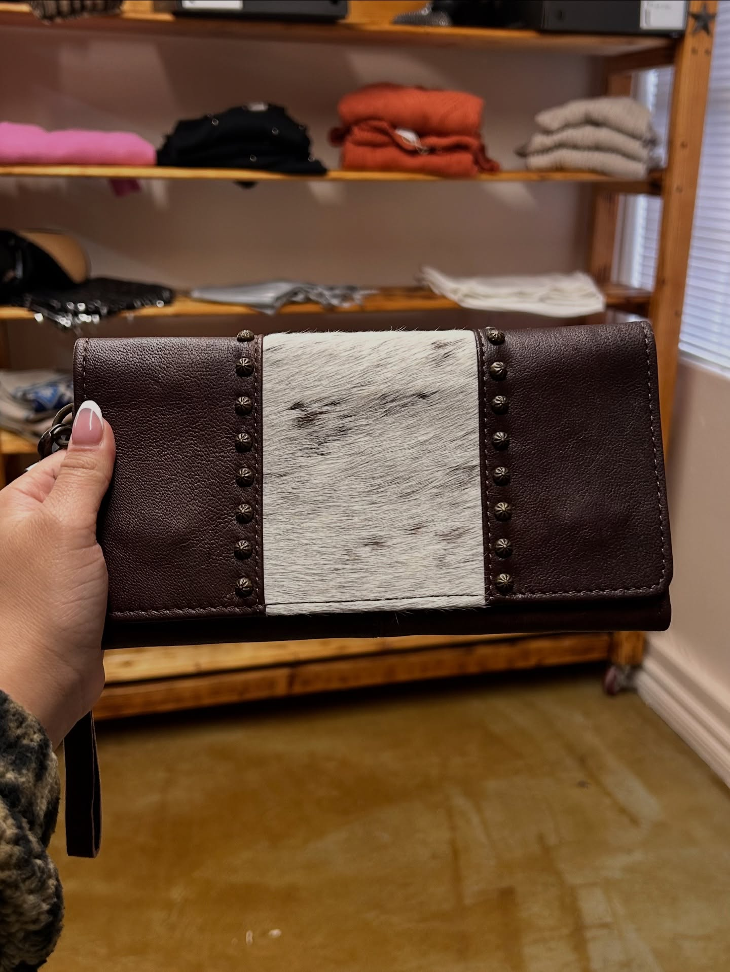 Cowhide Studded Clutch Wallet